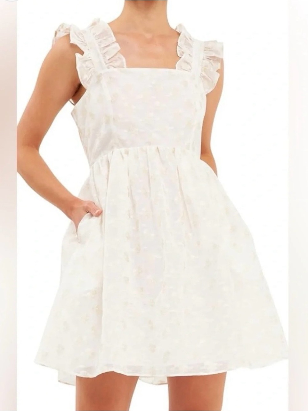 English Factory White Floral Embroidery Organza Ruffle Mini Dress Large